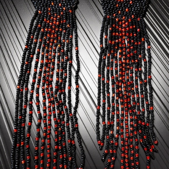 Hand Beaded Black/Red Extra Long Boho Crescent Moon Earrings - Picture 9 of 16